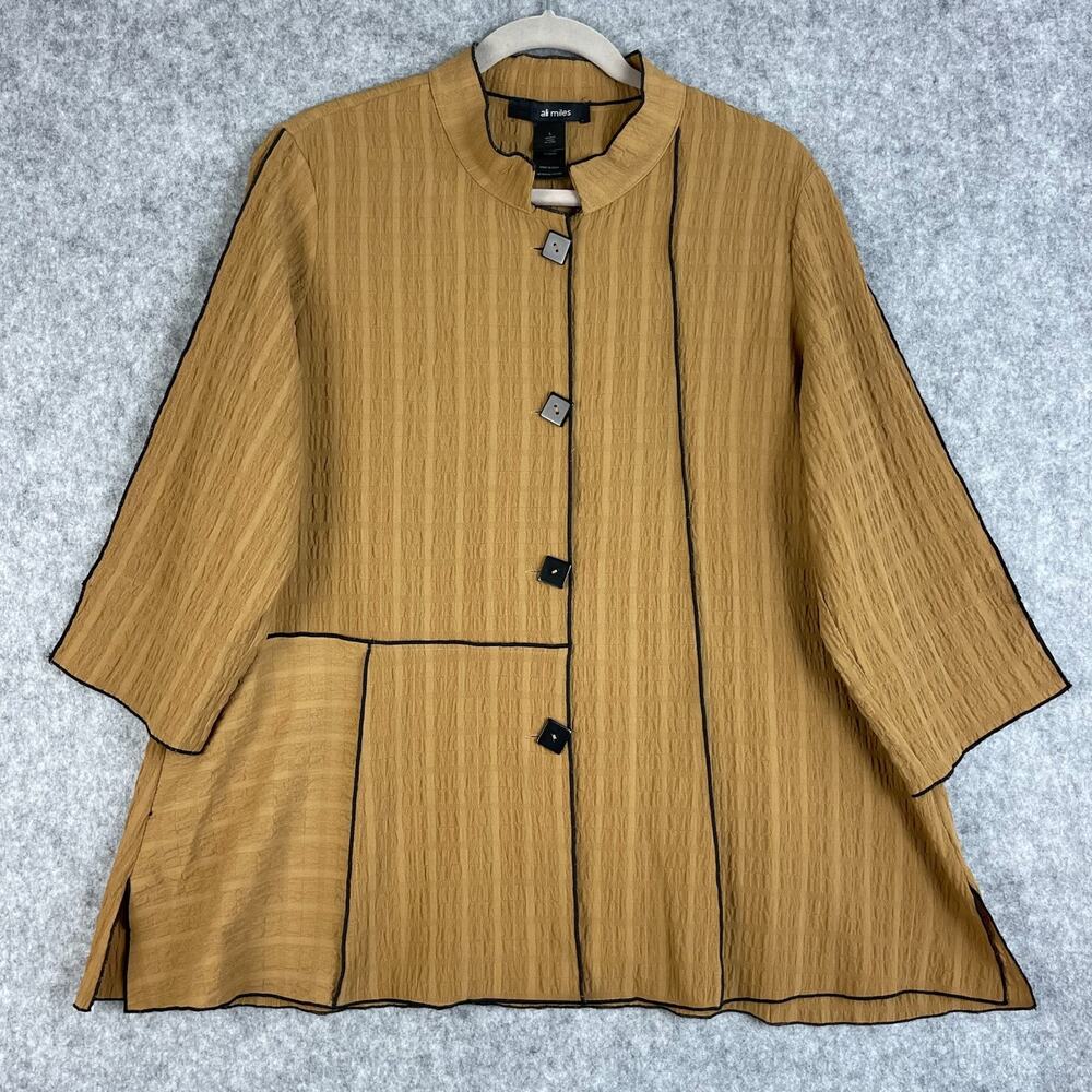 Ali Miles Tunic Top Womens Large Brown Textured Square Button Stretch Artsy Boho